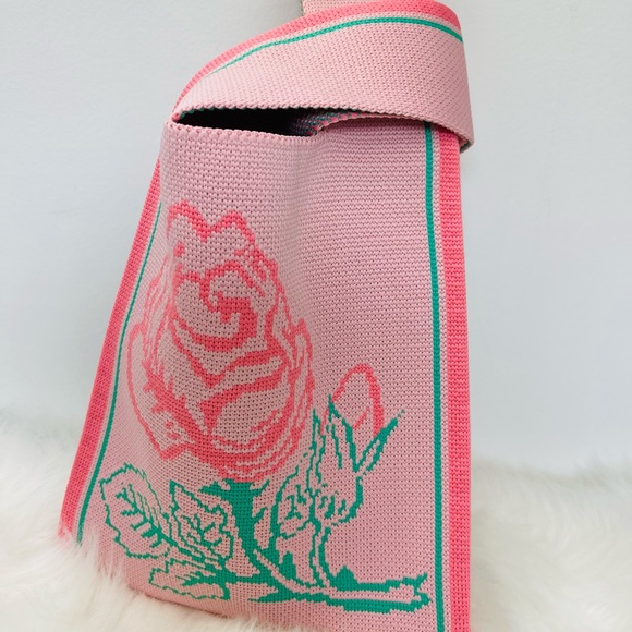 Brand New With Tag Rose Pattern Pink Knitted Handbag - Picture 7 of 9